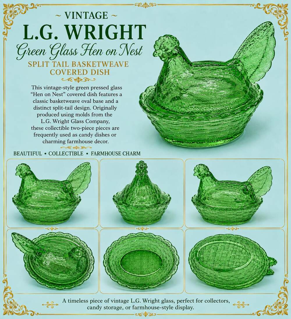 L.G. Wright Split Tail Basketweave Green Glass Hen on Nest Covered Dish